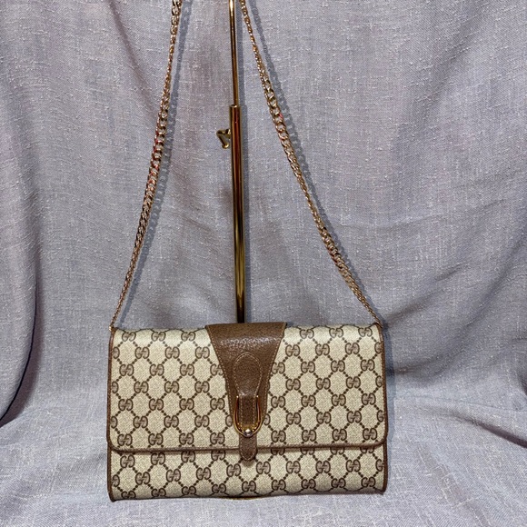 Gucci Handbags - Gucci Beige GG Supreme Crossbody with Brown Leather Trim and Gold Chain